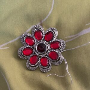 Elegant Red and Silver Floral Brooch